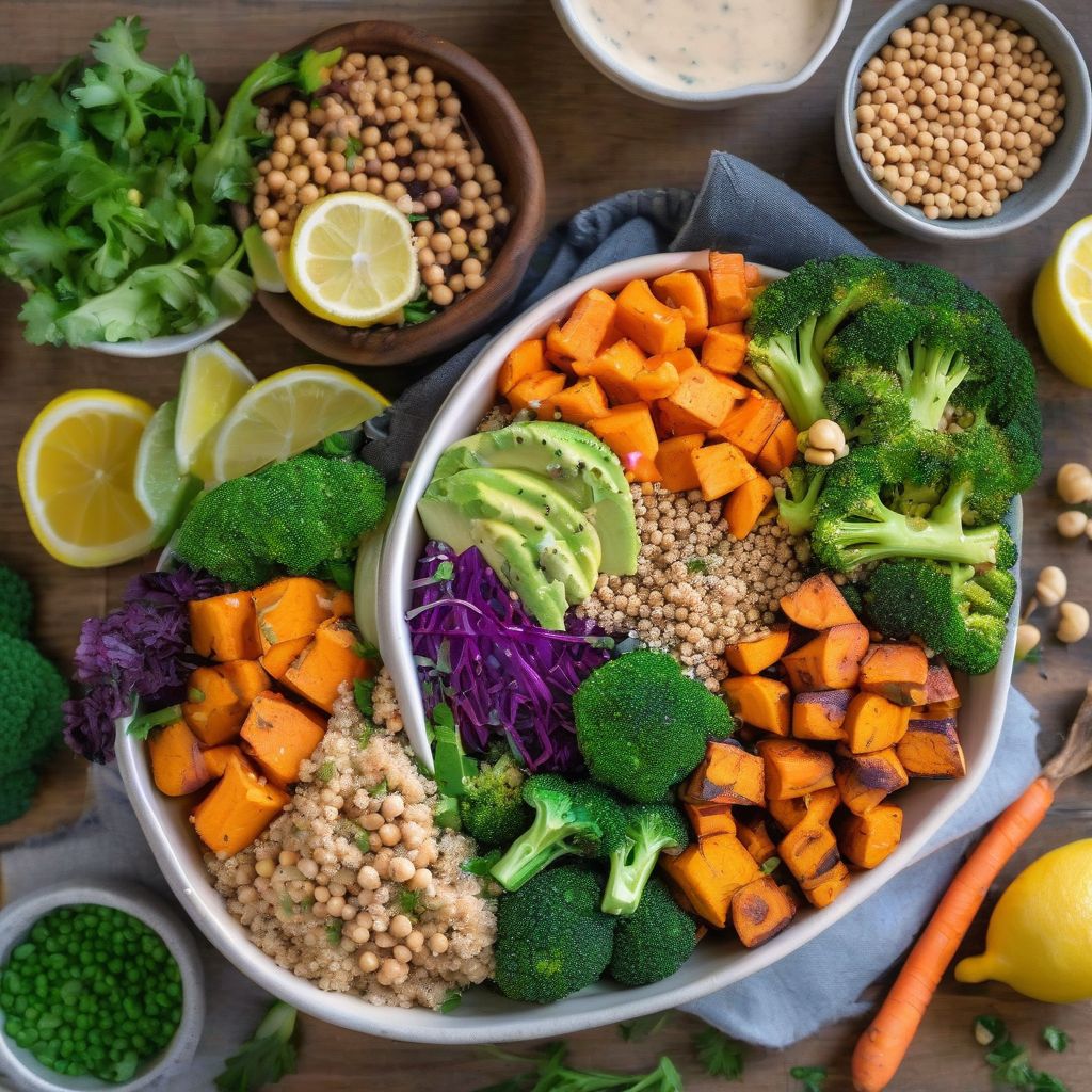 Colorful Buddha Bowls with Quinoa, Roasted Vegetables, and Chickpeas