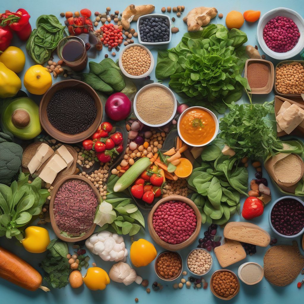 A colorful grocery haul featuring fresh fruits, vegetables, legumes, tofu, tempeh and whole grains.