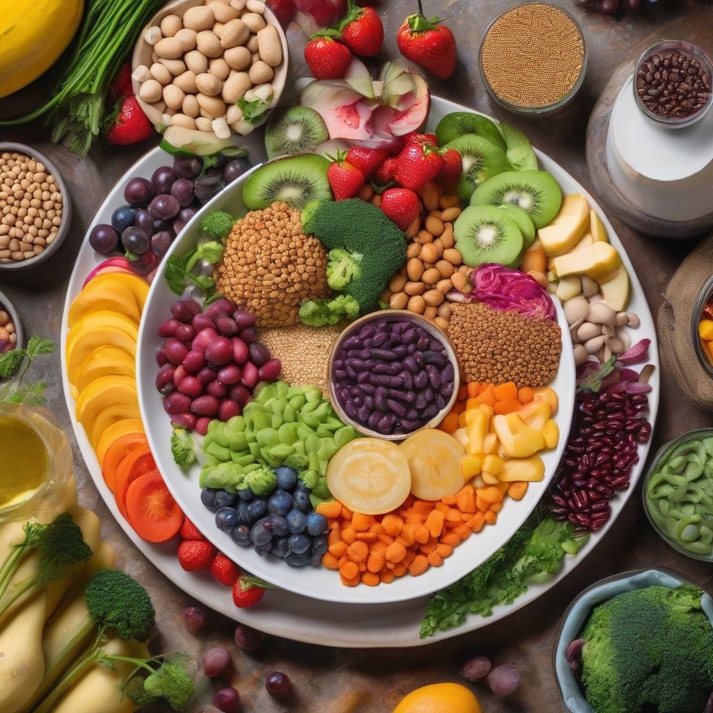 A colorful plate filled with a variety of plant-based foods like fruits, vegetables, legumes, and whole grains.